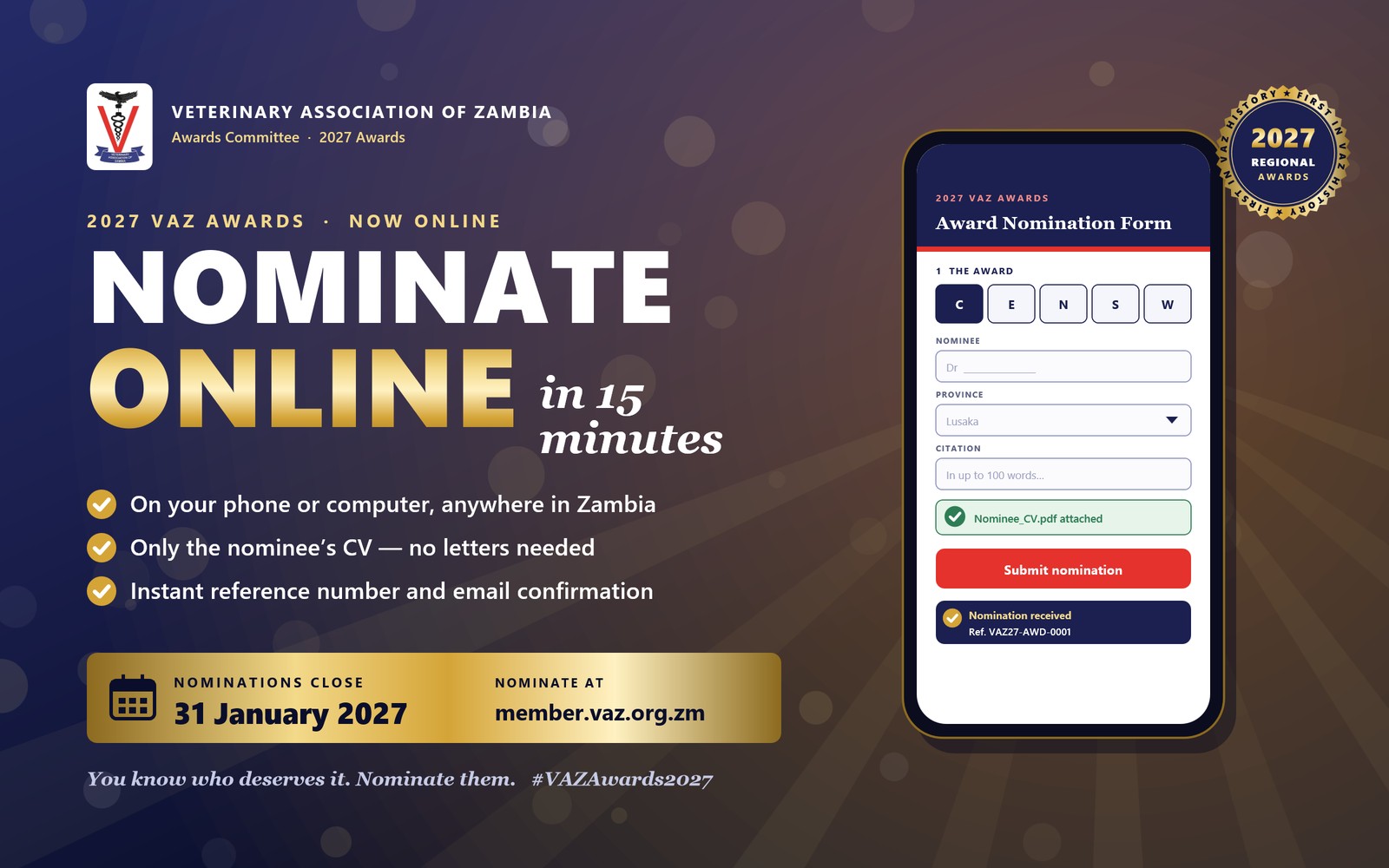 VAZ 2027 AWARDS - NOMINATE ONLINE in 15 minutes