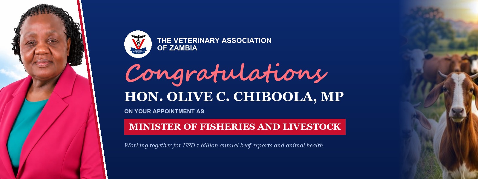 VAZ Congratulates Hon. Olive C. Chiboola, MP, on Appointment as Minister of Fisheries and Livestock
